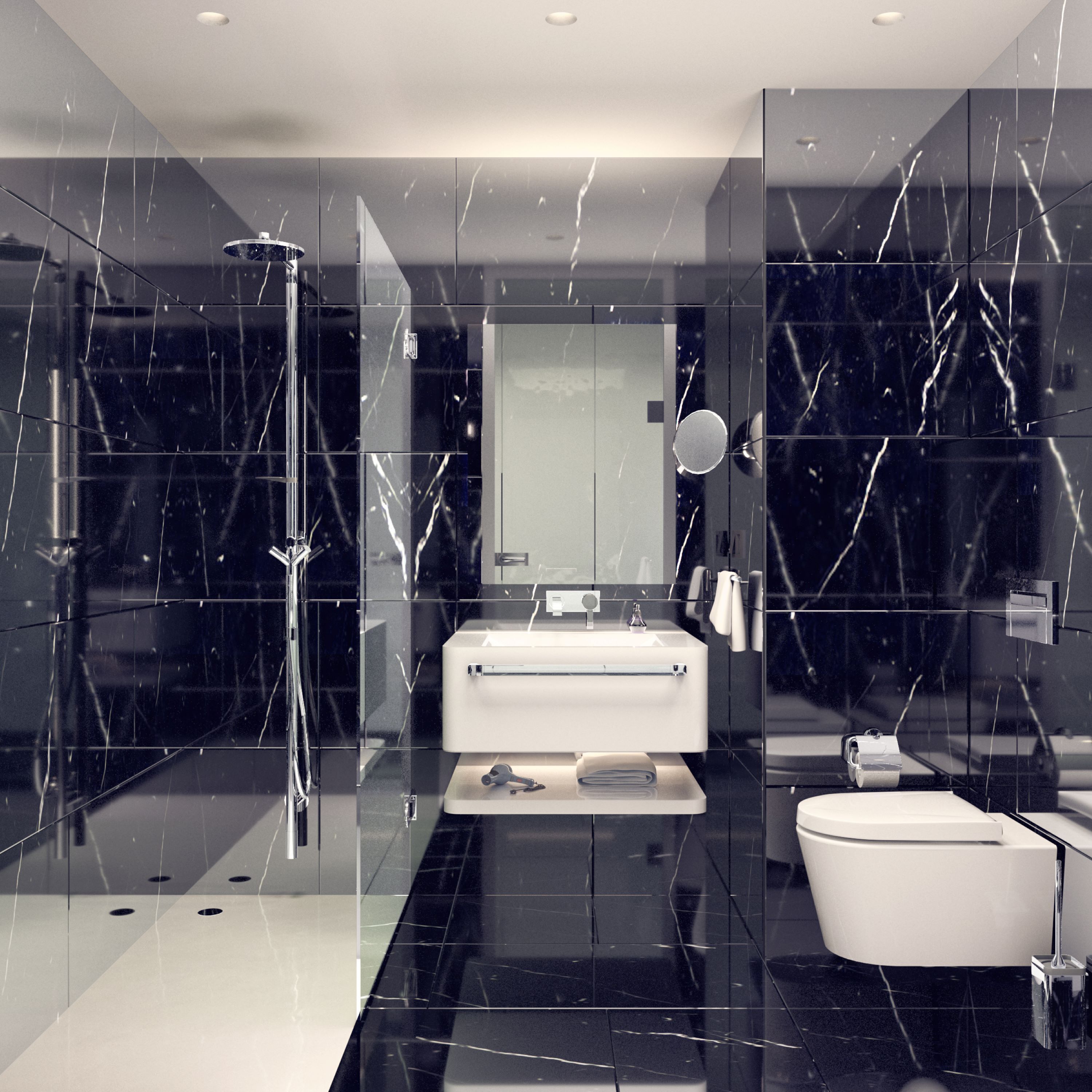 rainfall showerhead, hair dryer, slippers, bidet