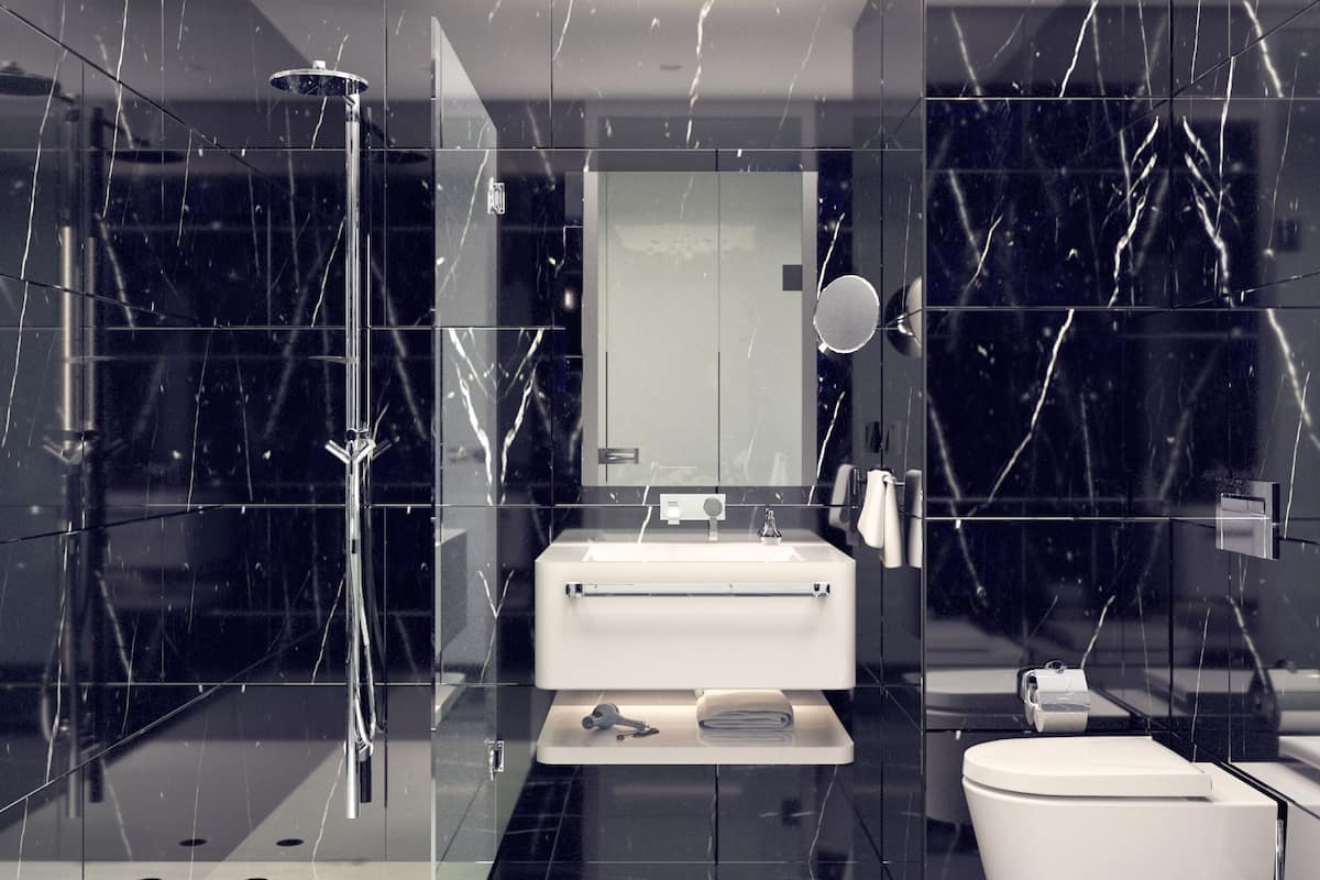 rainfall showerhead, hair dryer, slippers, bidet