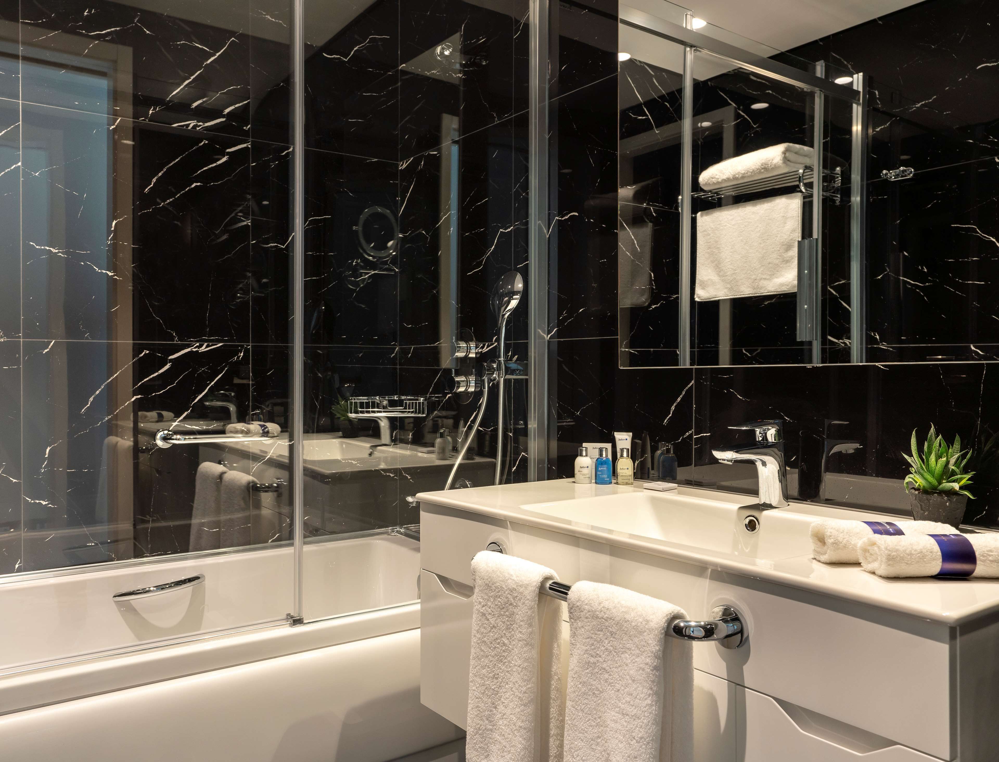 rainfall showerhead, hair dryer, slippers, bidet