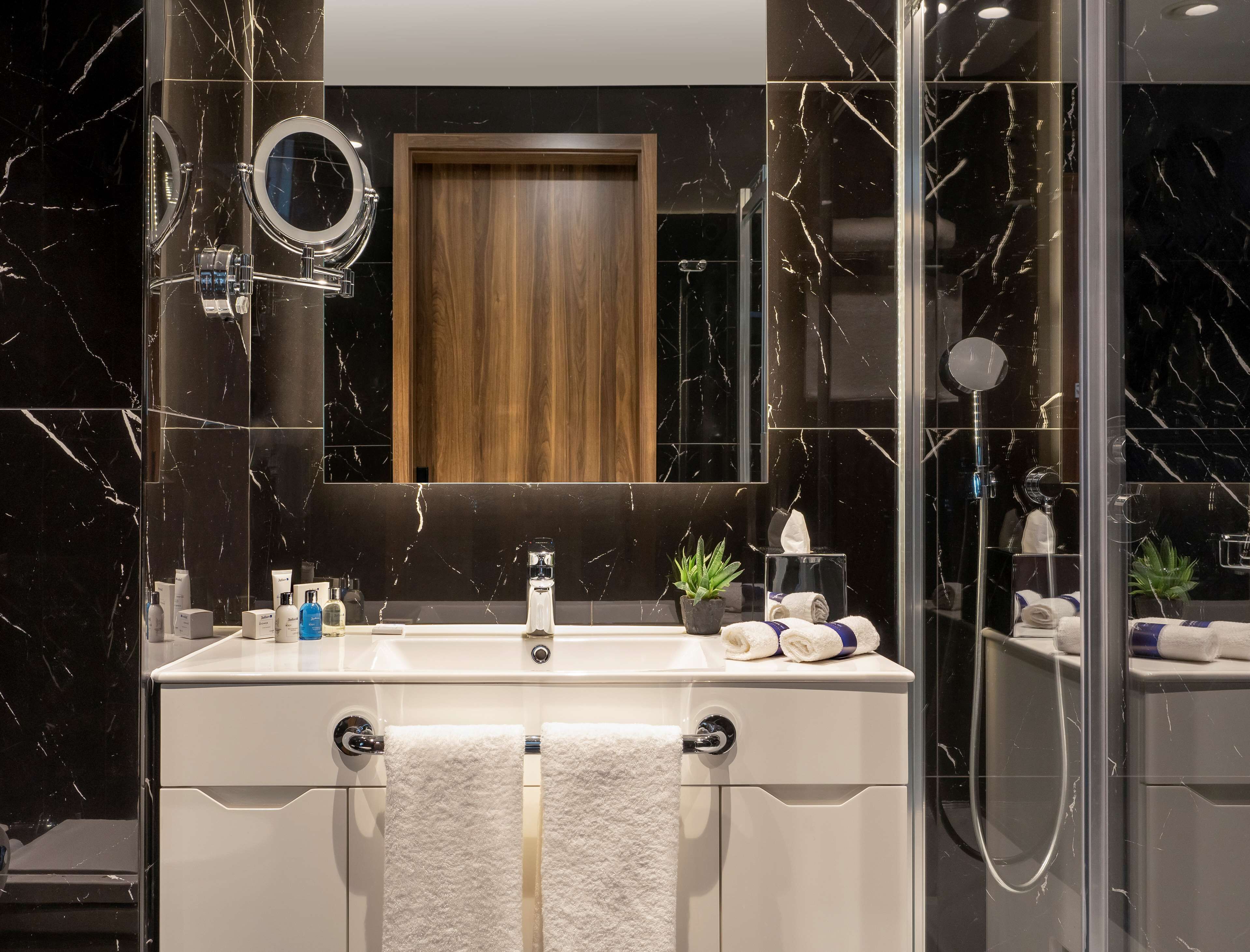 rainfall showerhead, hair dryer, slippers, bidet