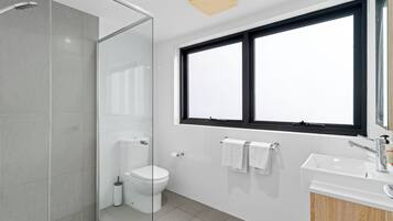 A modern bathroom with a glass shower enclosure, a toilet, a sink, and a window with a black frame.