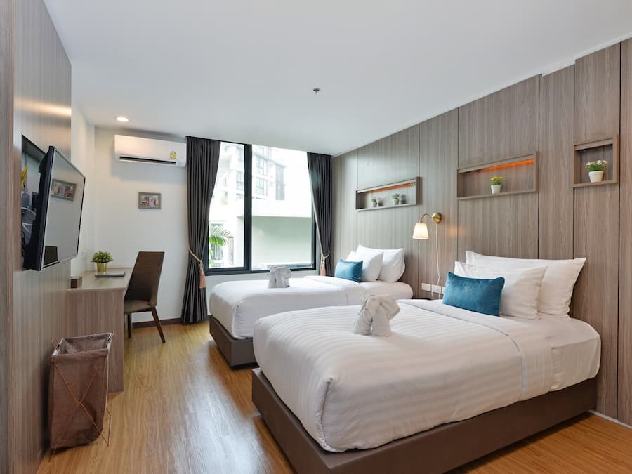 Select Comfort beds, desk, laptop workspace, soundproofing
