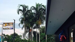 A pool area with a glass barrier, white chairs, and a stone wall. - The TJ Resort (Pattaya)