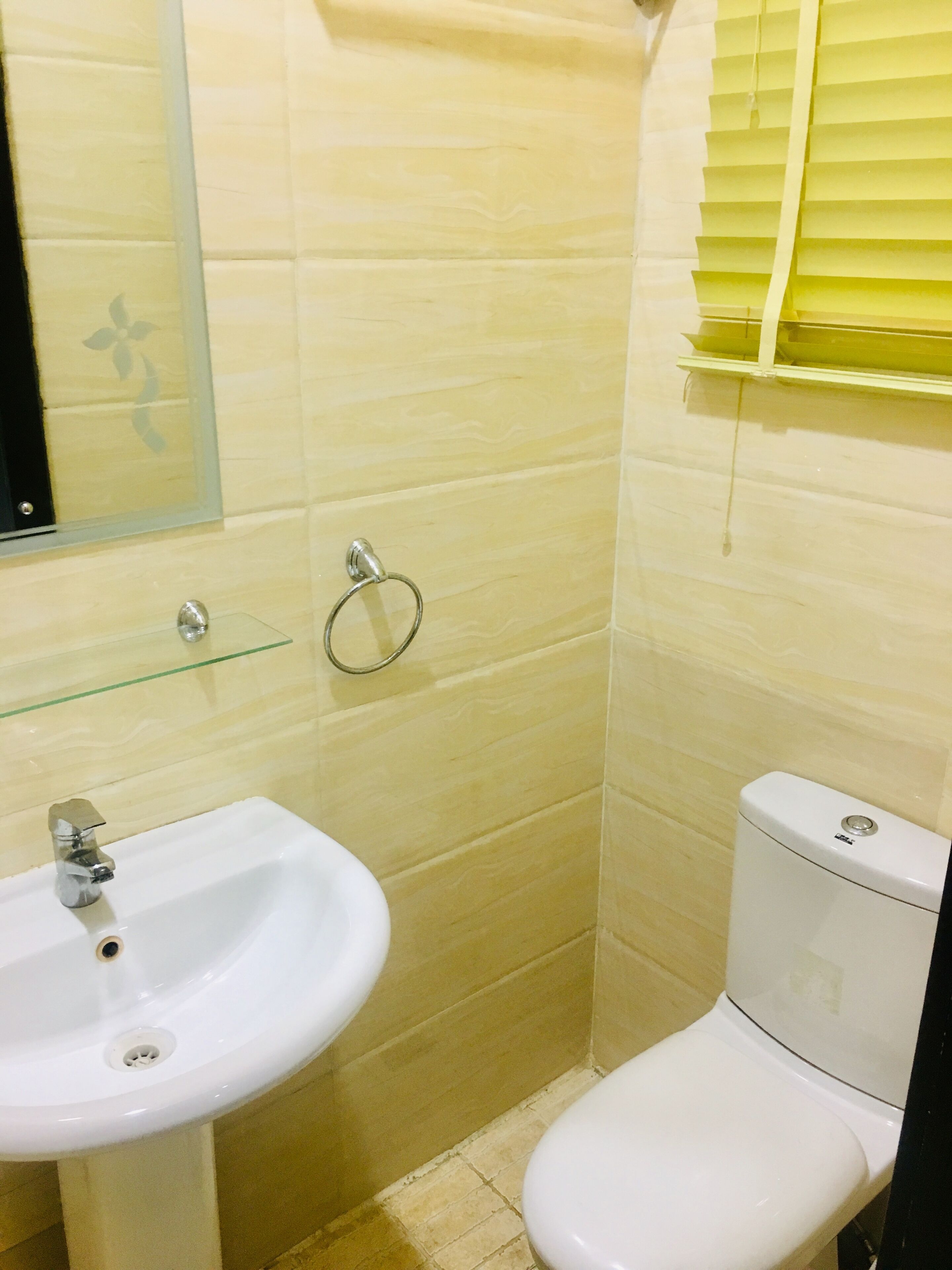 A bathroom with a white sink, a toilet, and a glass shelf.