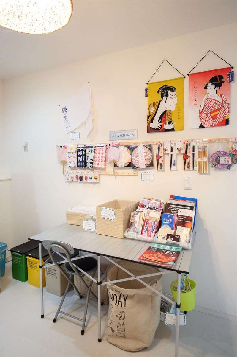 Una habitación con una mesa mostrando varios objetos, una silla, una lámpara colgante y una pared con carteles y una pizarra.