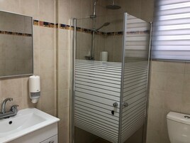 Un baño con cabina de ducha, lavabo e inodoro.