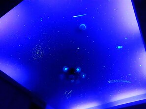 A starry night sky projection with constellations and planets.