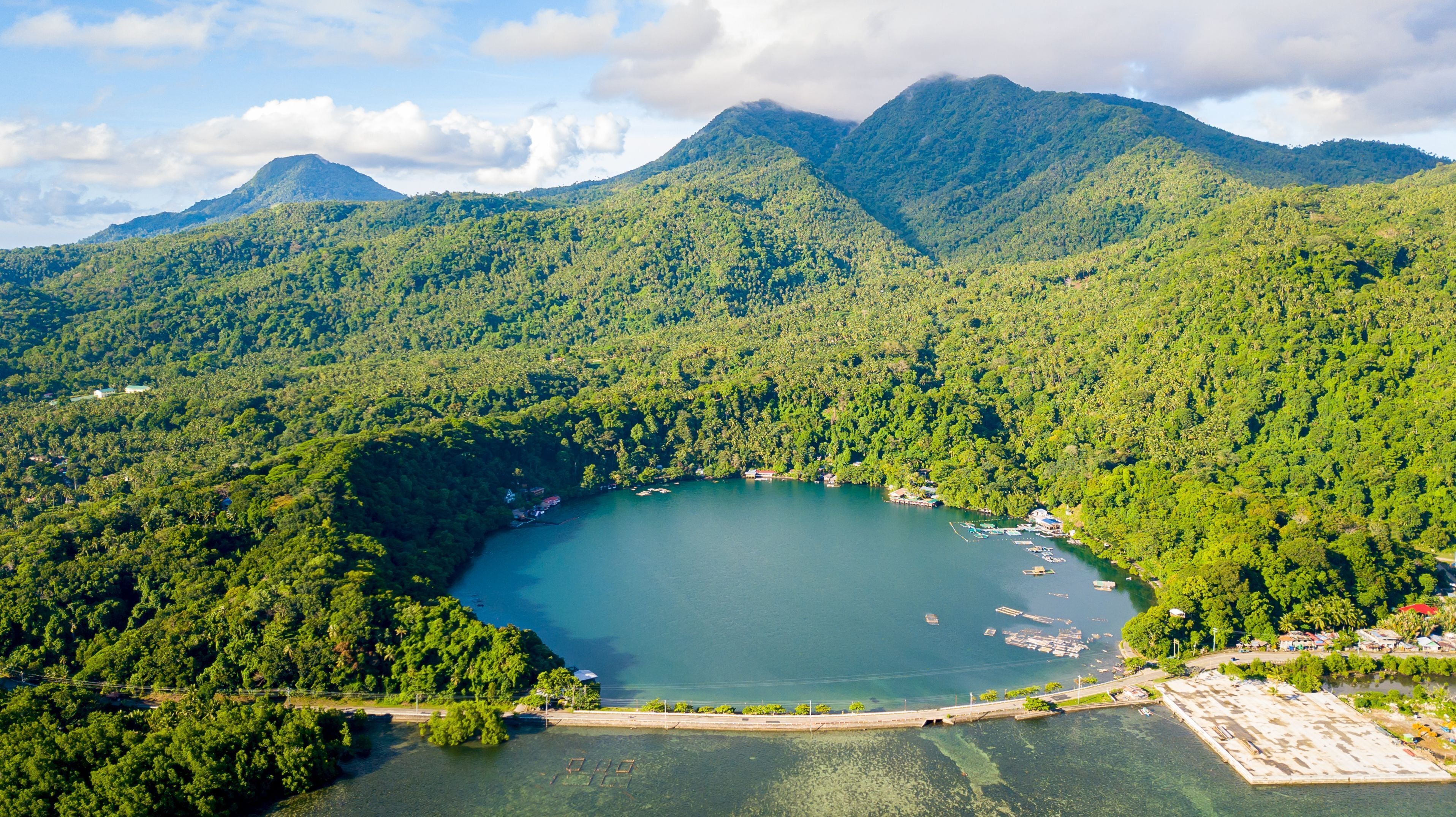 An aerial view of a lake surrounded by dense forest and mountains.