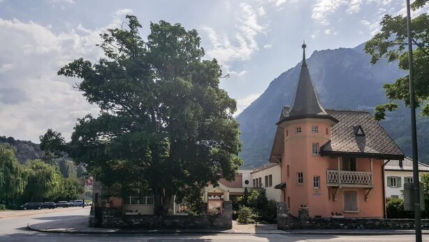 Un bâtiment doté d’une tour, entouré d’arbres et de montagnes.