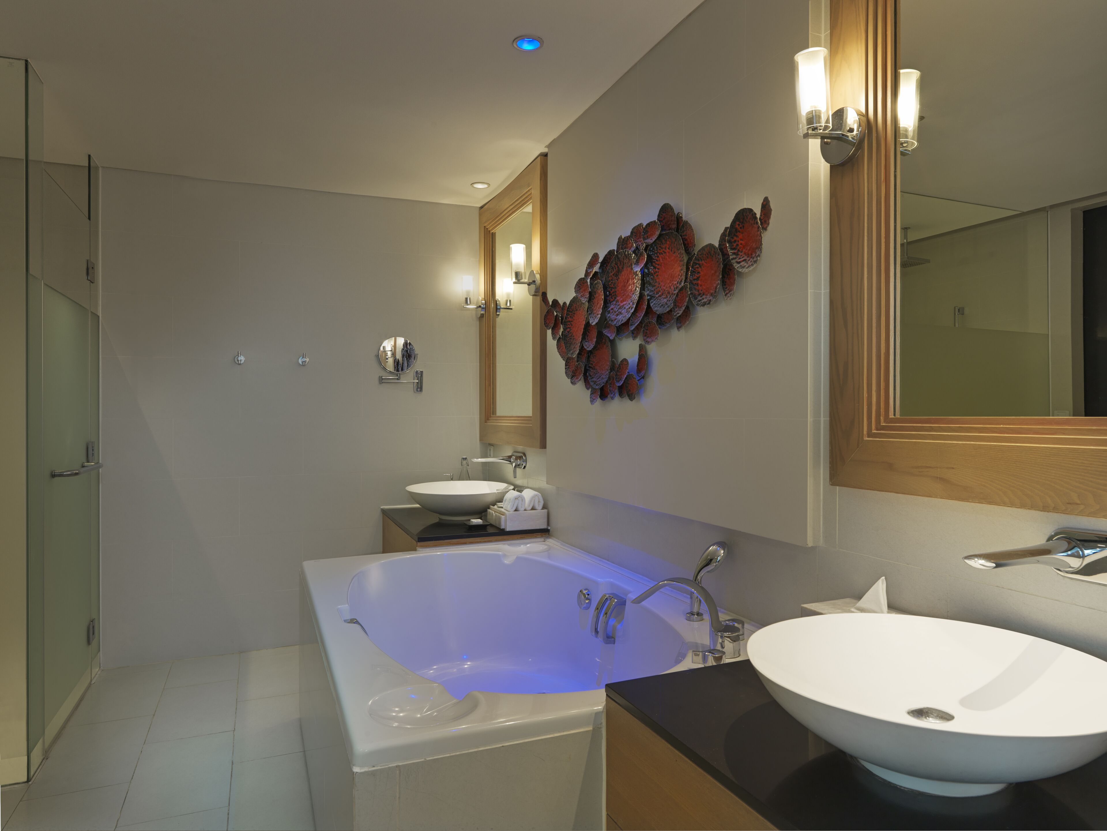 separate bathtub and shower, deep-soaking bathtub, designer toiletries