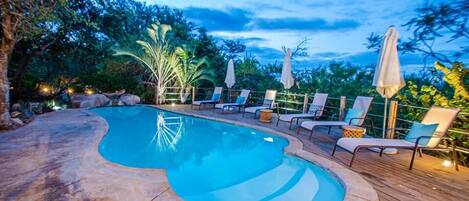 Outdoor pool, pool umbrellas, pool loungers