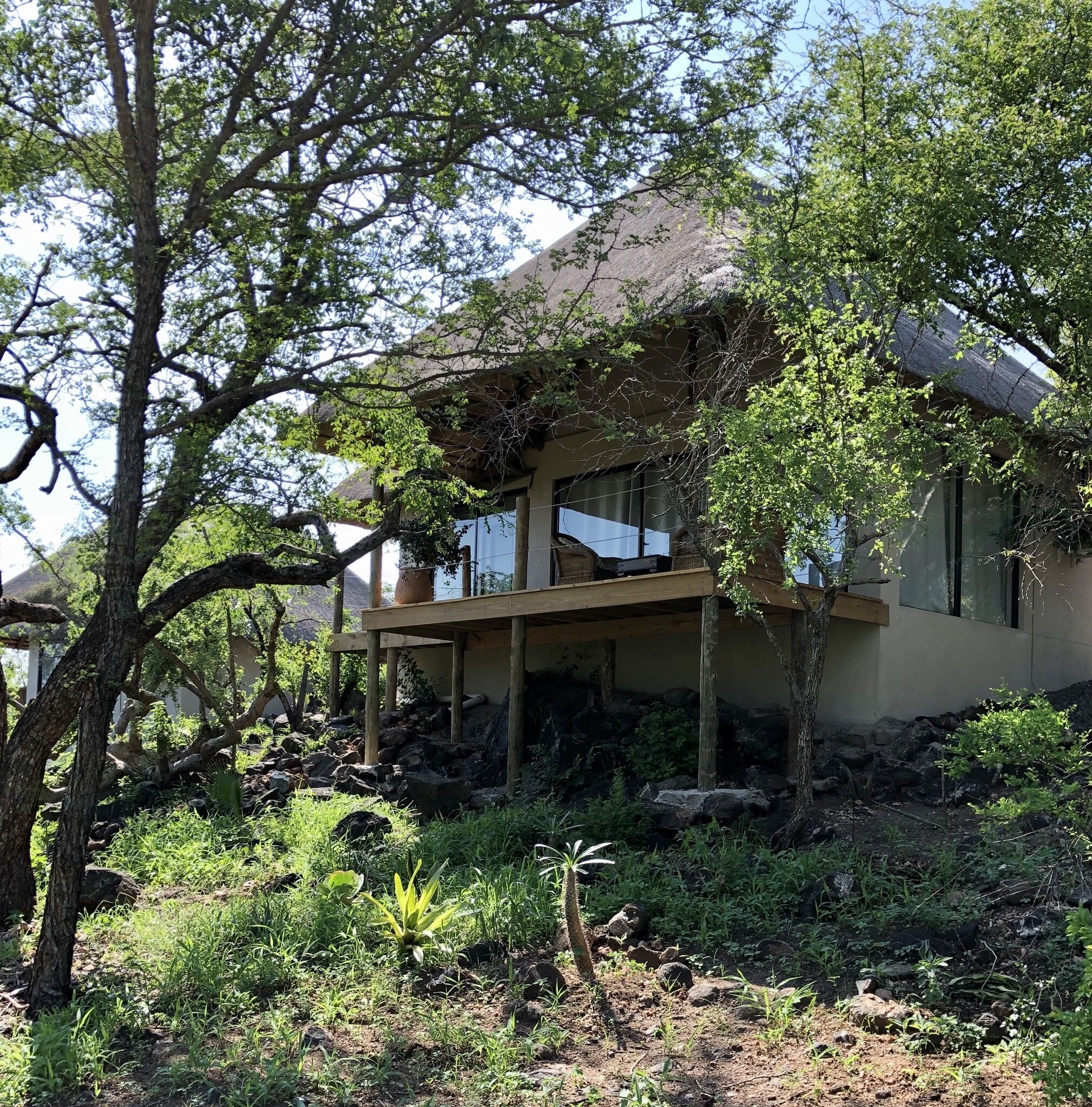 Ein Haus mit einer Holterrasse, umgeben von Grünflächen und Bäumen.
