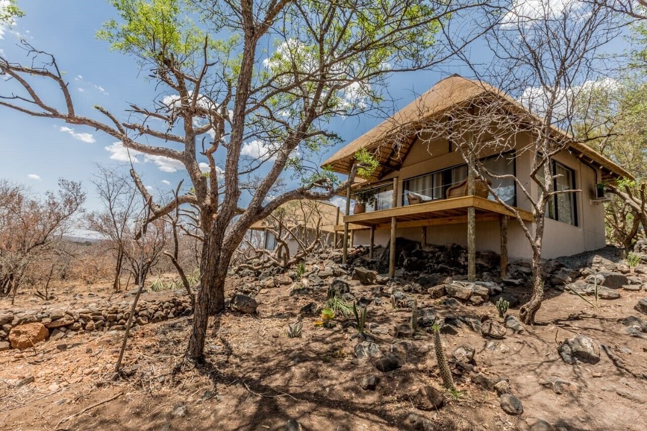 A house with a thatched roof, surrounded by a rocky landscape and sparse vegetation.