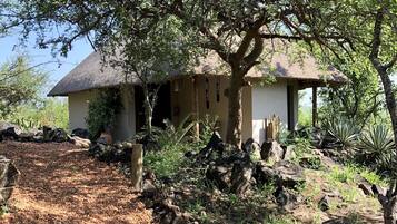 A house with a thatched roof, surrounded by a natural landscape with rocks and trees.