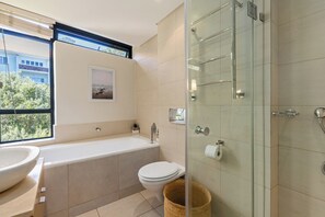 Combined shower/tub, hair dryer, towels, soap