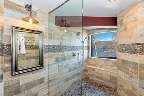 Shower, towels - Storybook Lakefront: Luxury, Custom Built Lakefront Estate with Outdoor Hot Tub & Boat Dock! (Big Bear Lake)