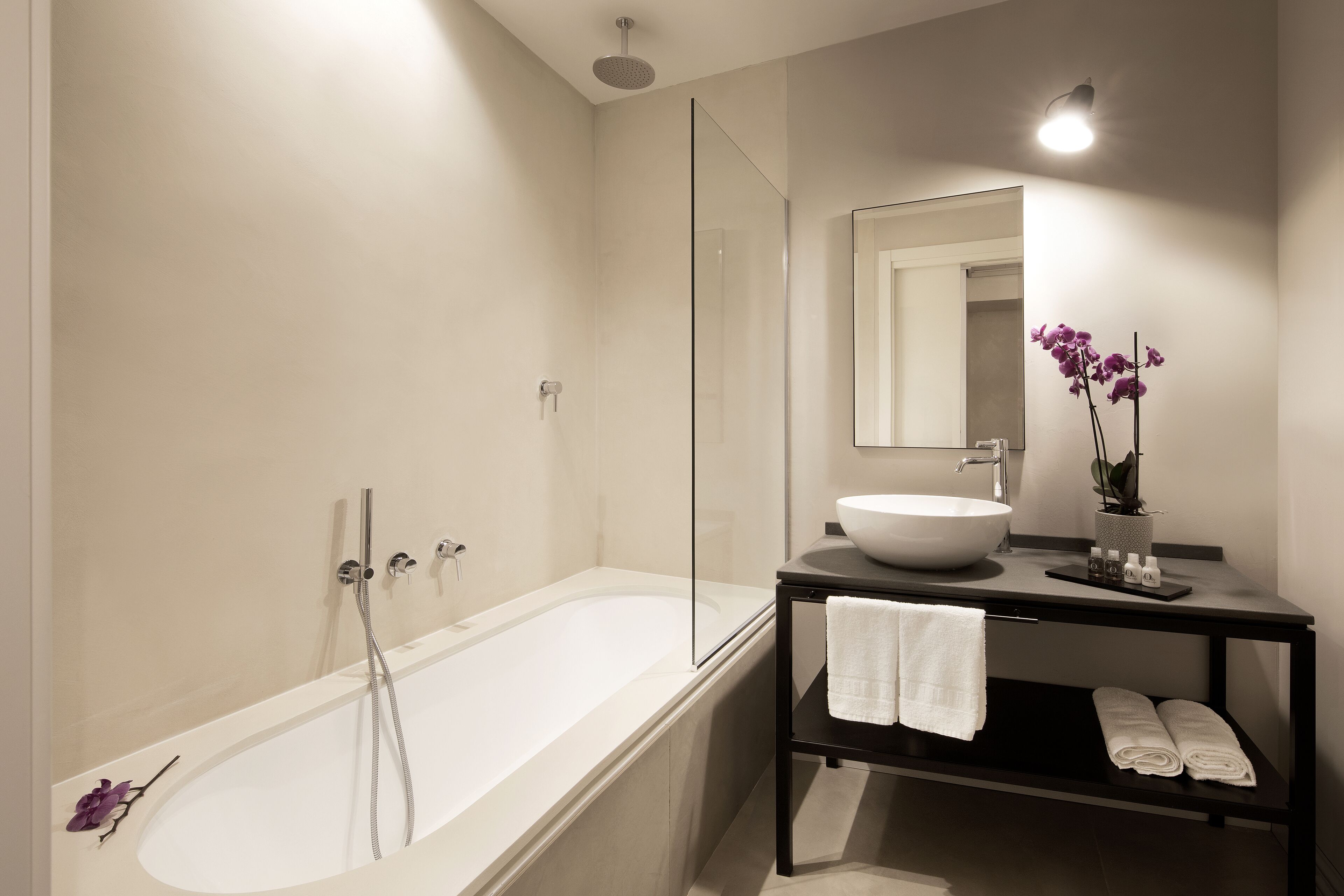 rainfall showerhead, hair dryer, bidet, towels