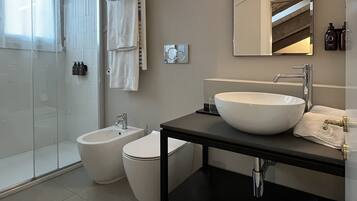 A modern bathroom with a large white sink, a bidet, and a glass shower enclosure.