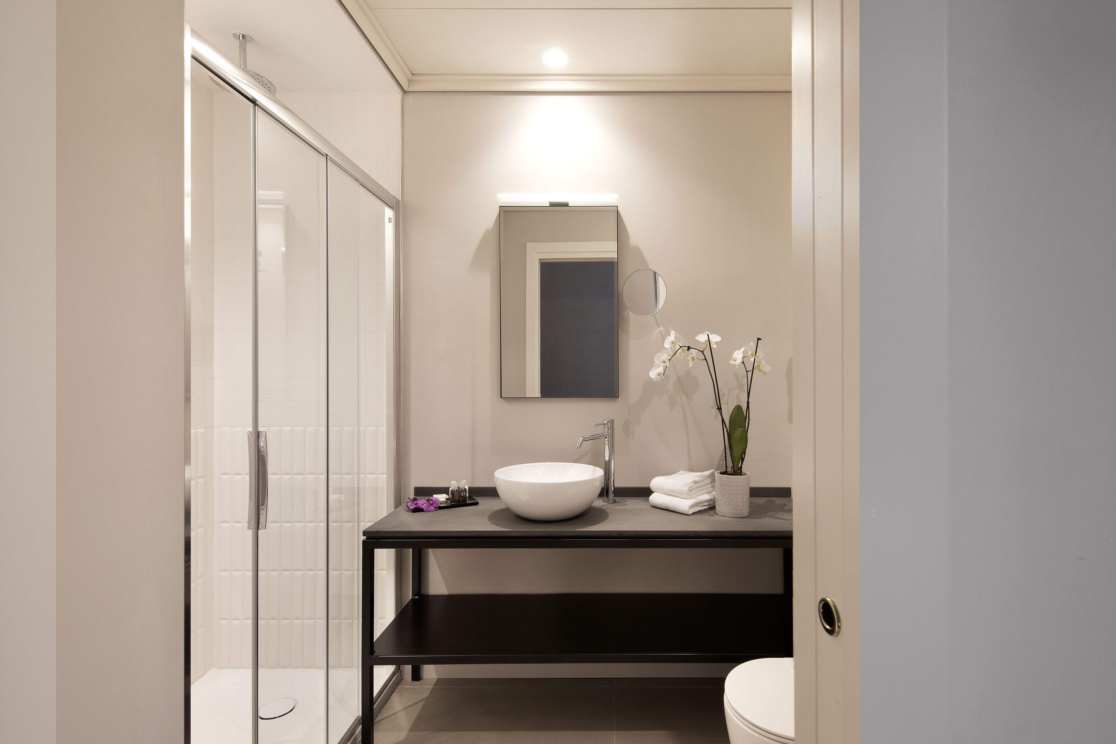 rainfall showerhead, hair dryer, bidet, towels