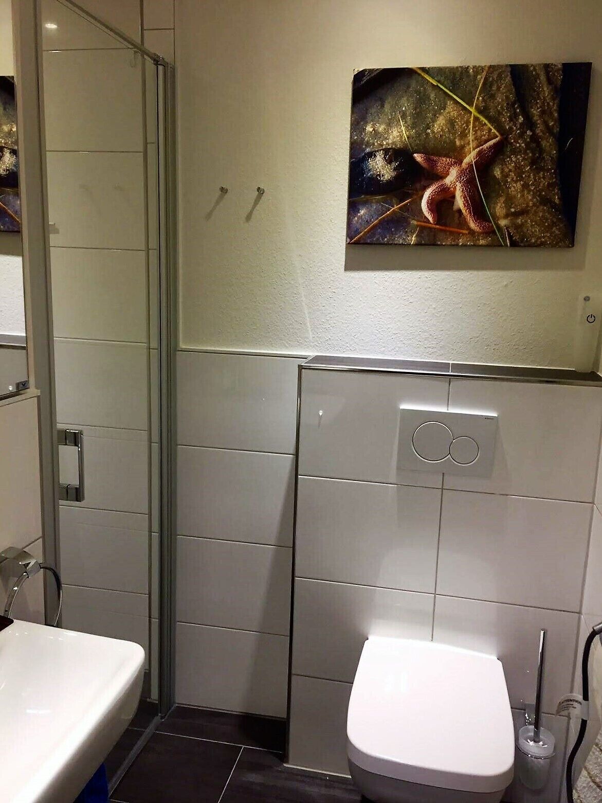 A modern bathroom with a glass shower enclosure, a white toilet, and a wall-mounted sink.