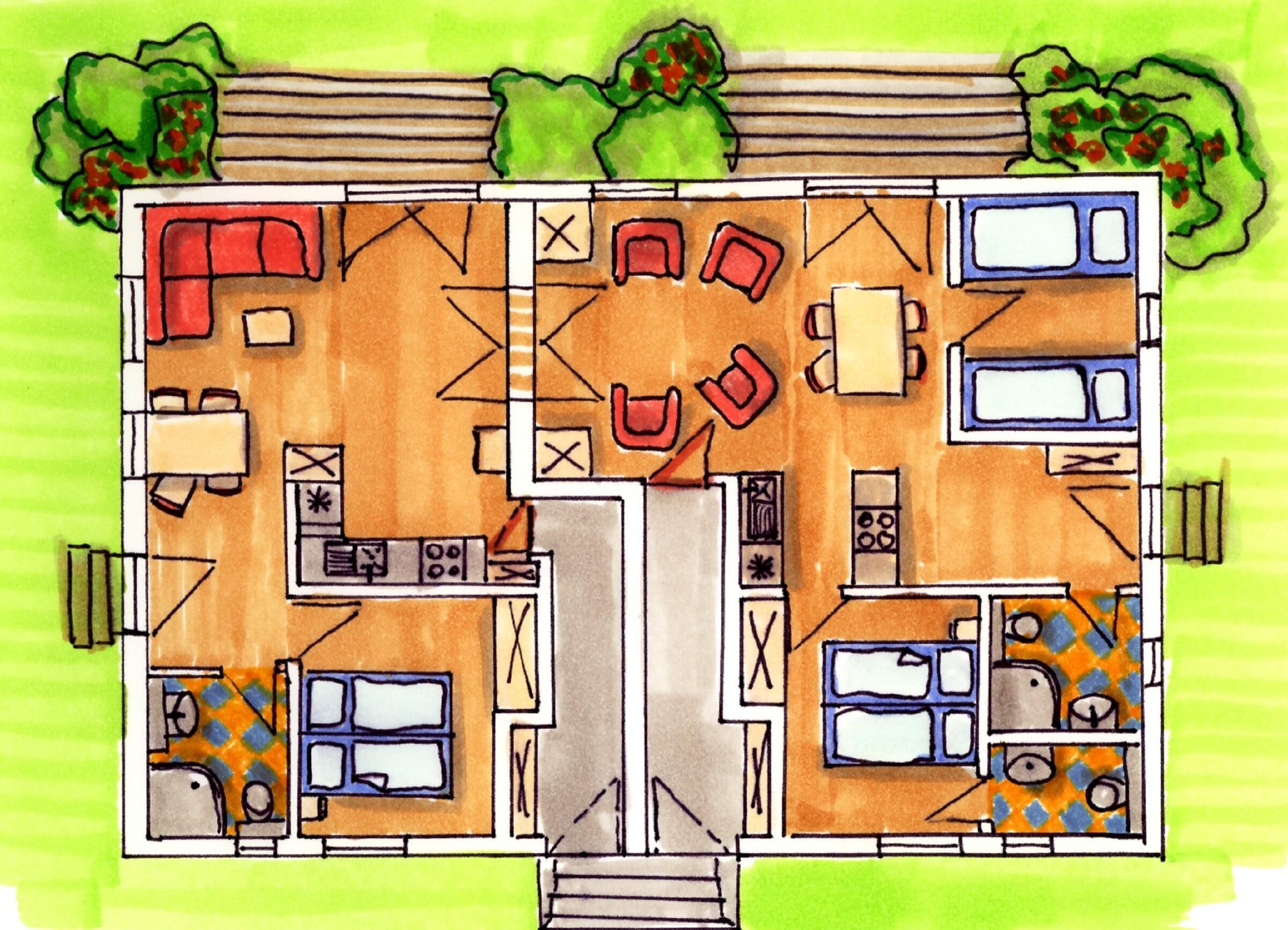 A floor plan of a hotel with a living room, dining area, kitchen, and two bedrooms.
