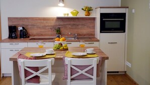 A compact kitchen with a wooden countertop, a sink, and a built-in oven. There are two white chairs with cushions, a table set with plates, glasses, and a fruit bowl. - Ferienhof Gräfe - Apartment "Spring meadow" with terrace, pool & sauna (Meißen)