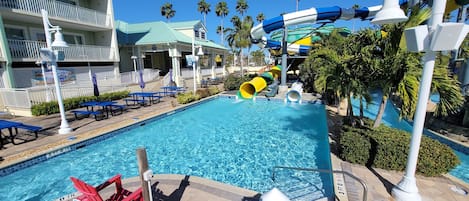 Water park - 4 FREE DAILY passes come with every reservation - up to 6 additional passes can be purchased at a discount. The pool is part of the water park.