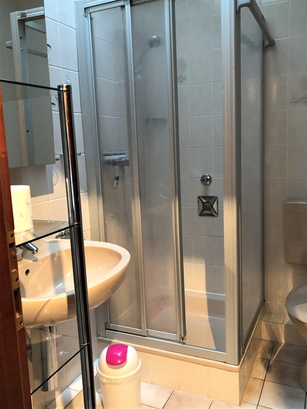 Un baño con ducha de vidrio, lavabo e inodoro.