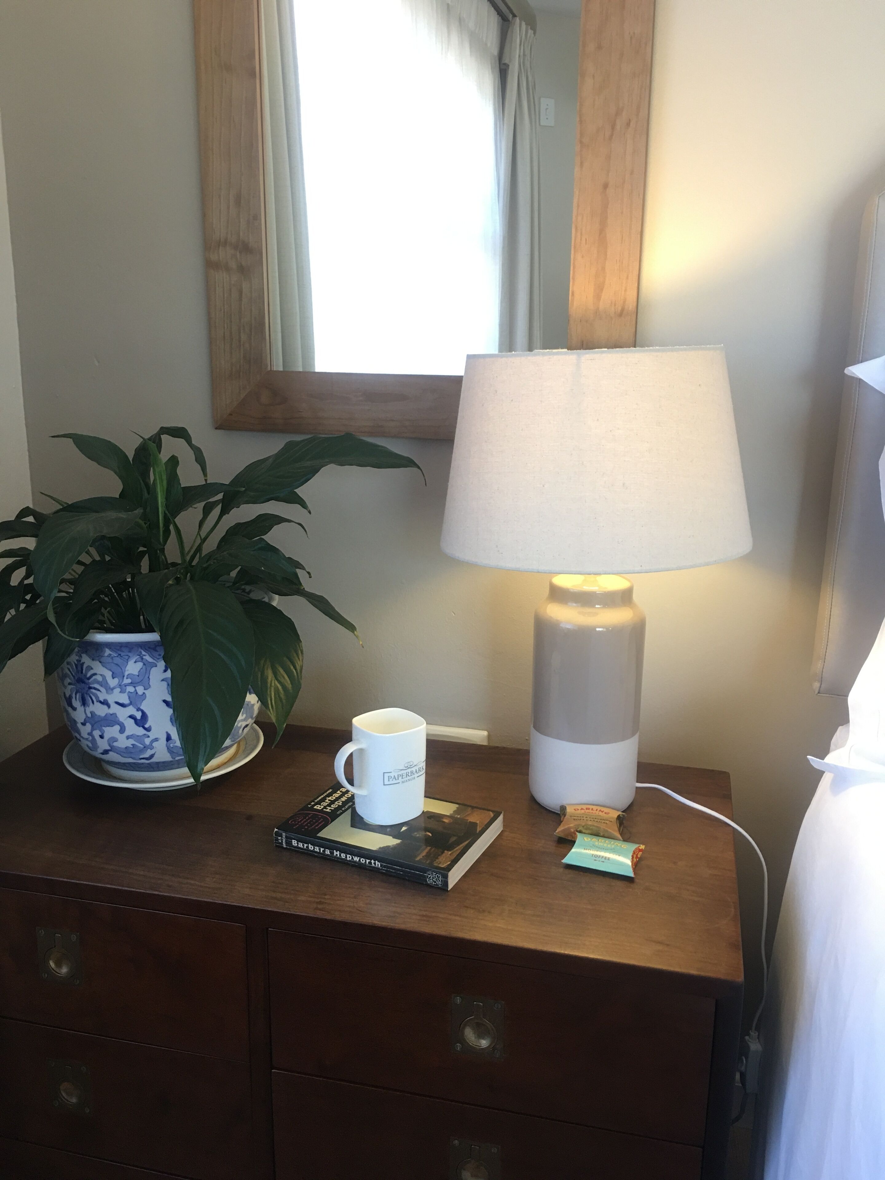 A wooden bedside table with a white lamp, a blue and white ceramic plant pot, a white mug, a book, and a small packet.