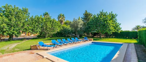 Une piscine rectangulaire à l’eau bleue, entourée d’une terrasse carrelée et de chaises longues bleues.