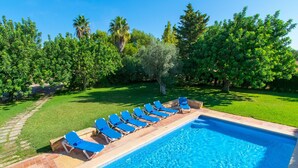 A swimming pool with blue water, surrounded by a garden with green grass and trees. - CAN MOLETA  Finca for 8 people near Porto Cristo (Manacor (Porto Cristo))