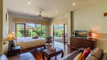 2 bedrooms, desk, blackout curtains, iron/ironing board