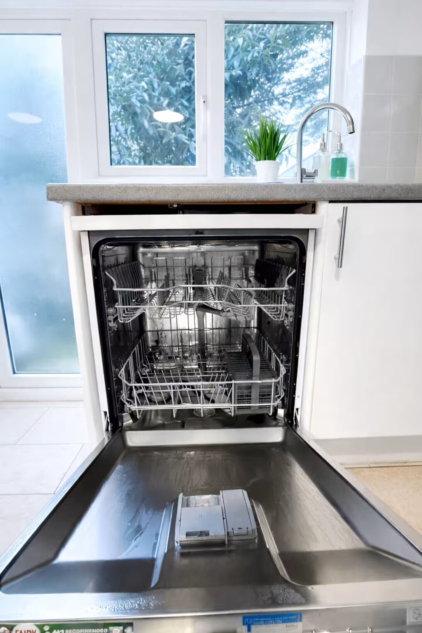 An open dishwasher in a kitchen with a window above it, a potted plant on the counter, and a faucet to the right.