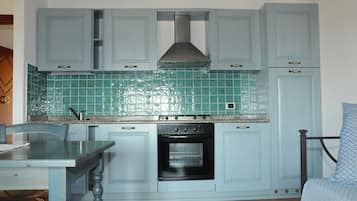 Full-sized fridge, oven, stovetop, dishwasher