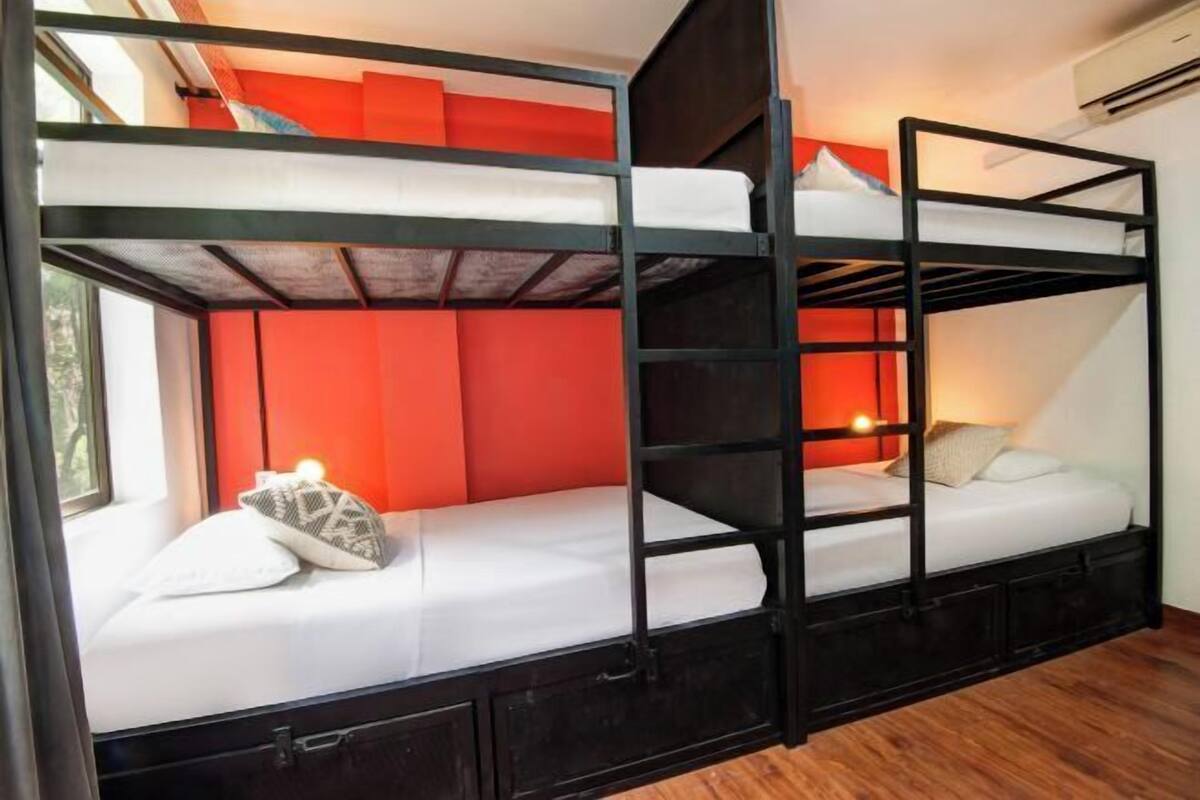 A bunk bed room with a window, a red wall, and a wooden floor.