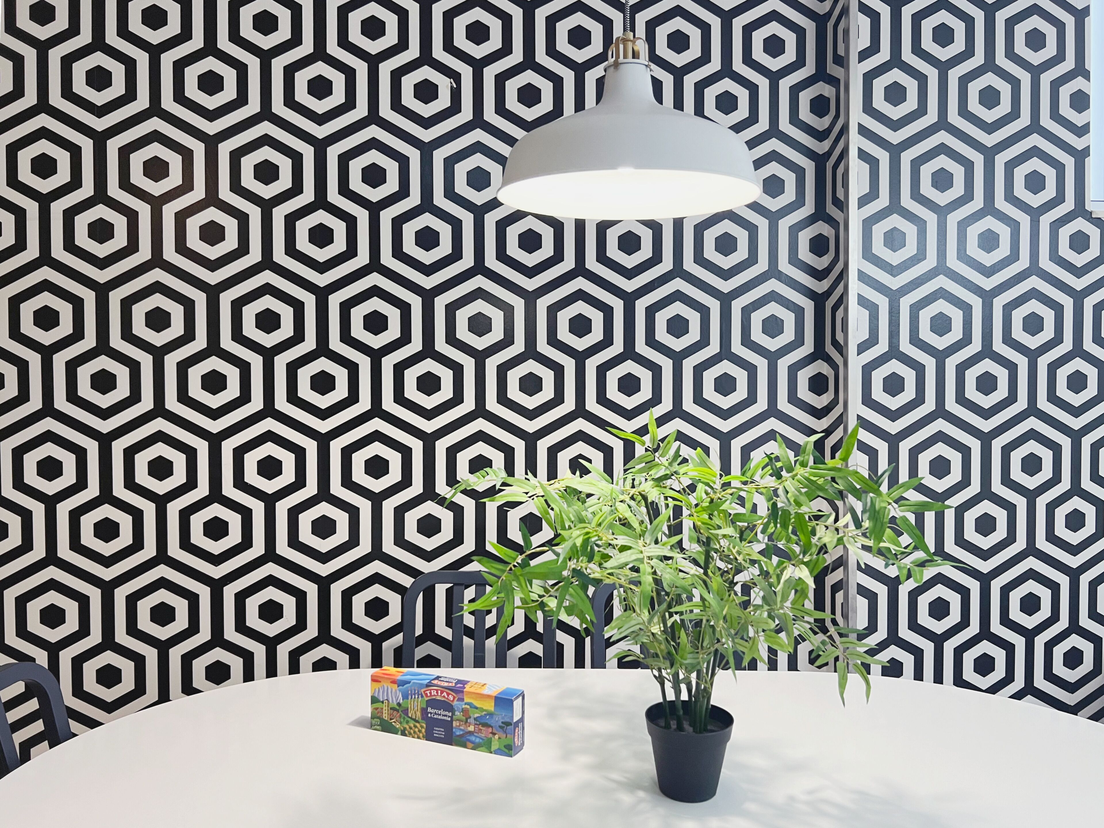 A room with a geometric patterned wallpaper, a potted plant, and a table with a board game.