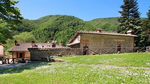 A rustic stone building with a tiled roof, surrounded by a grassy area with white flowers, set against a backdrop of green hills. - Locanda Le Isole - "Mountain Hut" Apartment (last) (scarperia)