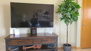 A flat-screen TV on a wooden TV stand with a potted plant beside it. - Convenient to Green Bay's beltline where you can get anywhere in 15 minutes. (Green Bay)