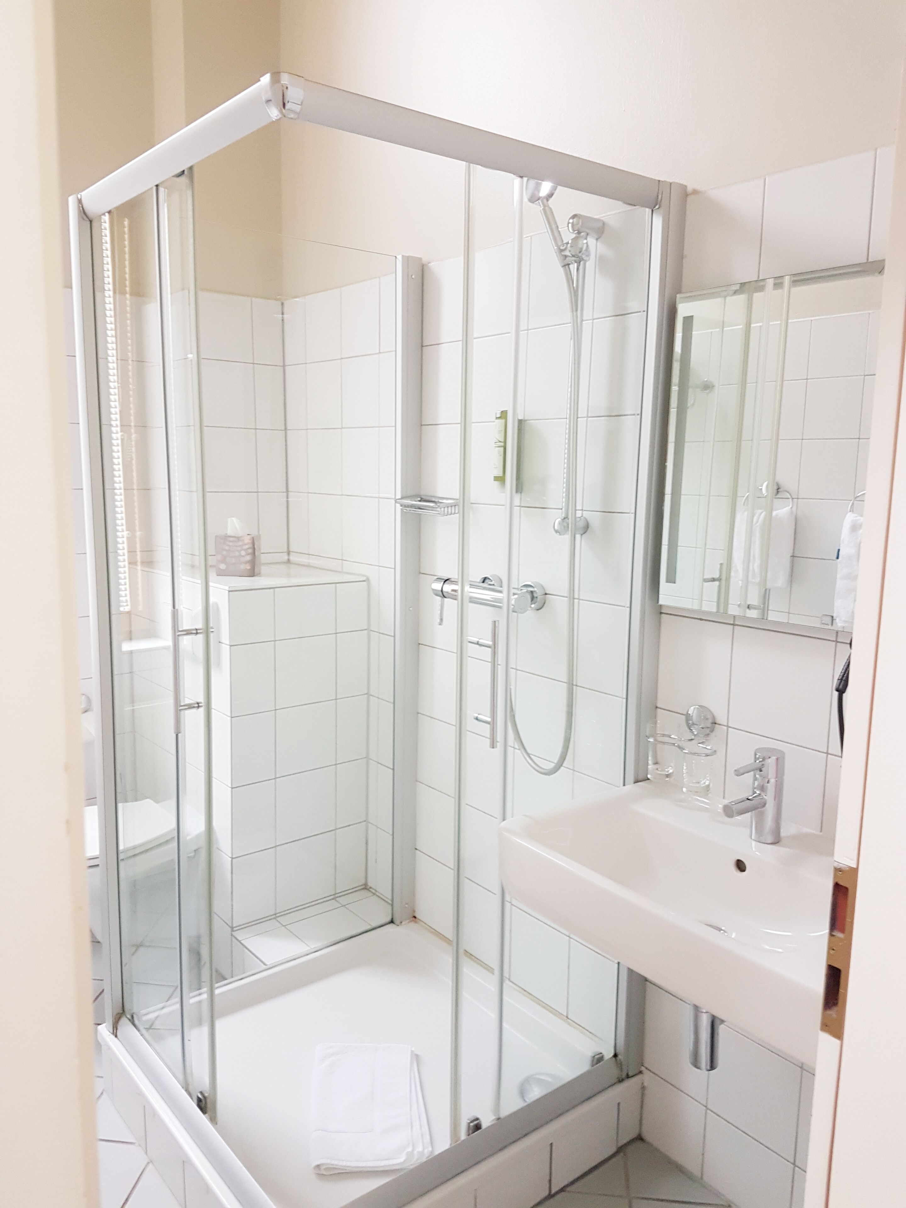 shower, hair dryer, towels, toilet paper