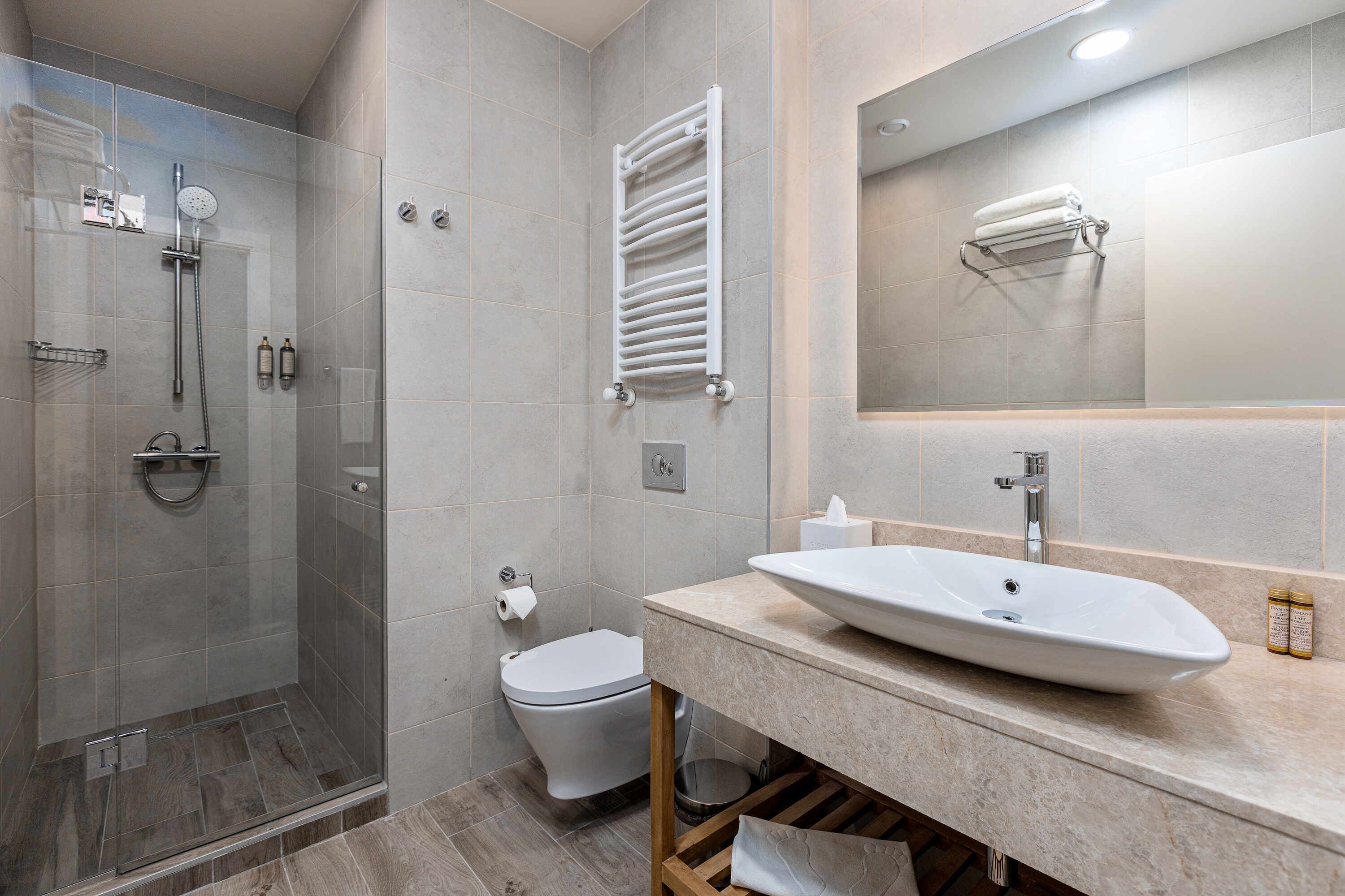 A modern bathroom with a glass-enclosed shower, a toilet, and a sink with a mirror above.