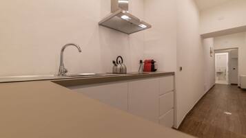 Fridge, microwave, electric kettle, toaster