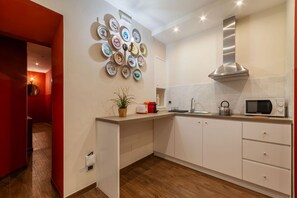 Fridge, microwave, electric kettle, toaster