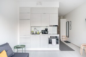 Estudio estándar | Cocina privada | Frigorífico grande, microondas, horno y placa de cocina