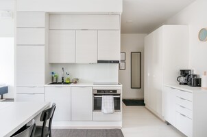 Family Apartment, 2 Bedrooms, Balcony | Private kitchen | Full-size fridge, microwave, oven, stovetop