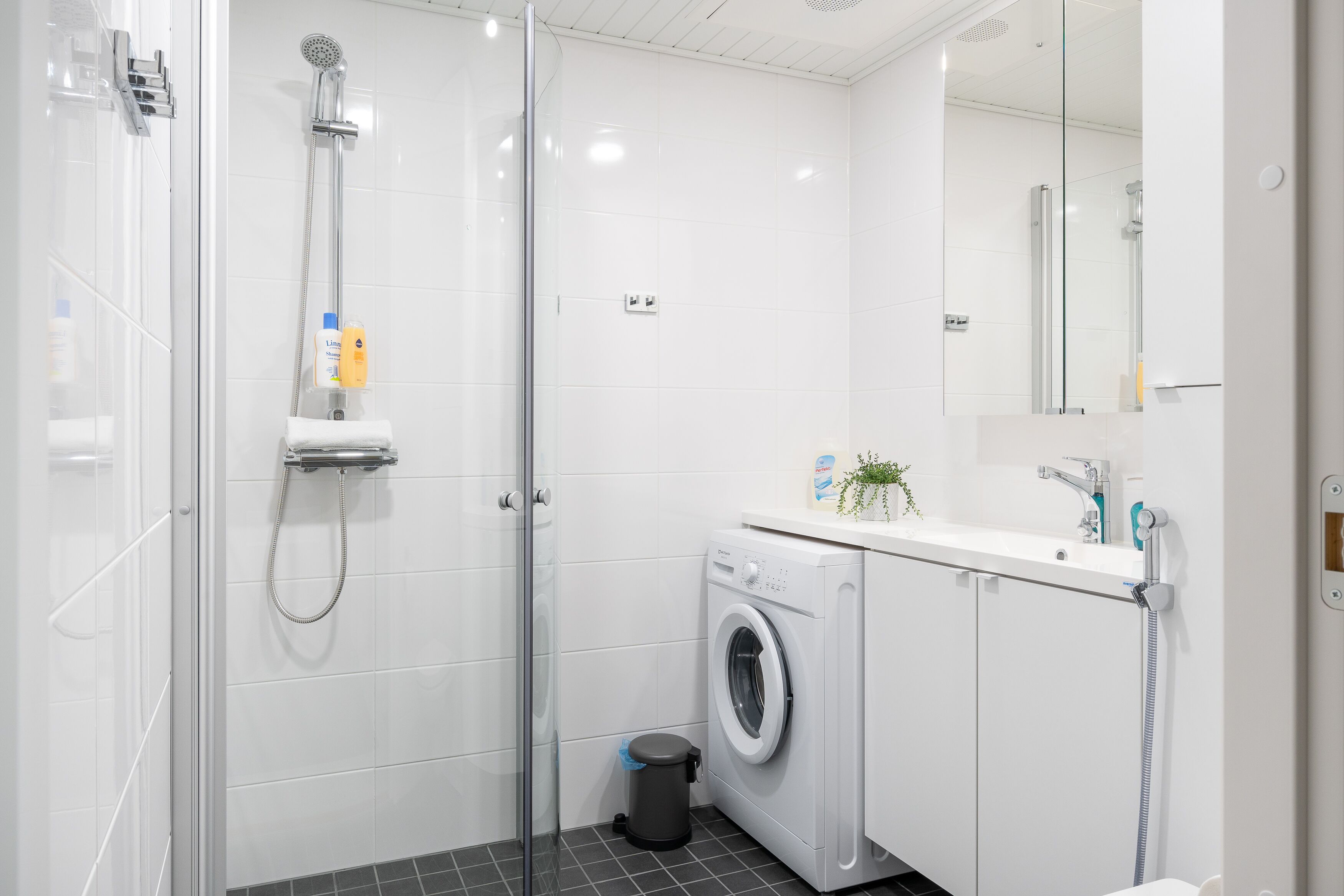 A modern bathroom with a glass shower enclosure, a washing machine, and a sink with a mirror.