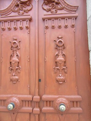 A detailed architectural door with ornate carvings and two circular door handles.