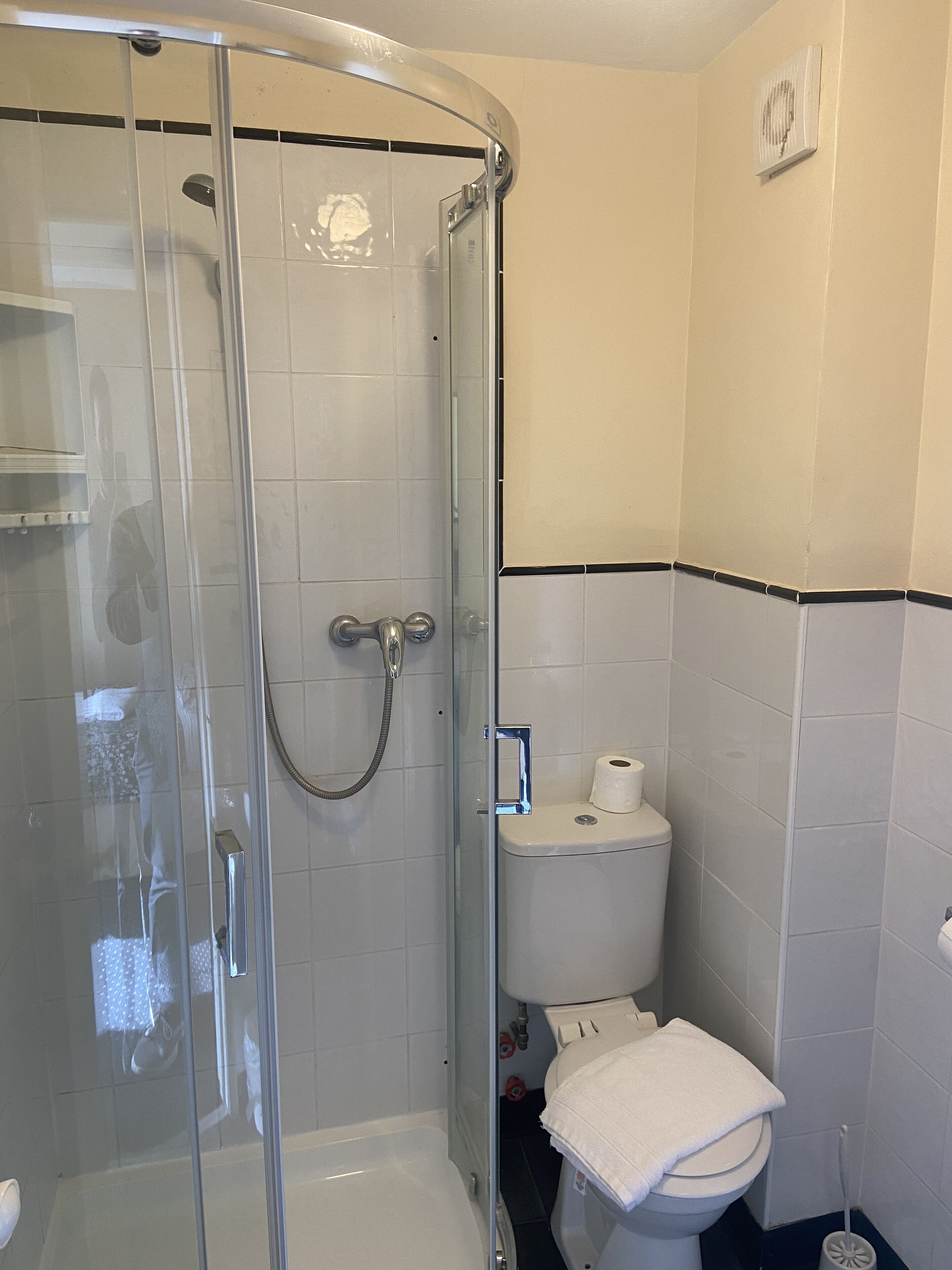 A bathroom with a glass-enclosed shower, a toilet, and a towel rack.