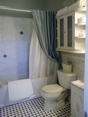 Combined shower/bathtub, hair dryer, towels, soap