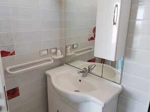 Shower, hair dryer, bidet, towels
