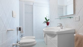 Shower, bidet, towels, toilet paper